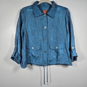 Hearts Of Palm Blue Metallic Button Front Lightweight Jacket Size Petite 14